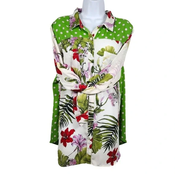 Fig &‎ Flower Tropical Floral Print Polka Dot Button Up Shirt Tunic Blouse 2X - Picture 3 of 9